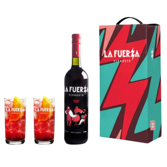 La Fuerza Rojo Vermouth x750ml. + 2 Vasos Vermuteros en Estuche